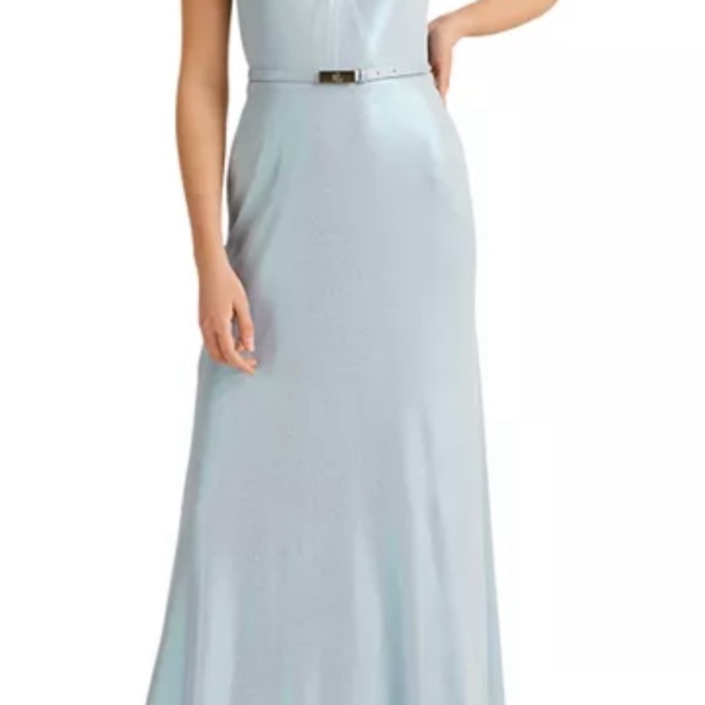 Lauren Ralph Lauren Light Blue Crisscross Halter Neck Belted Gown